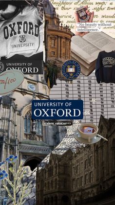 the university of oxford logo is surrounded by images of buildings, books and other things