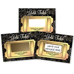 three black and gold photo frames with fireworks on them