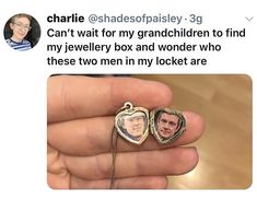 someone is holding two heart shaped necklaces with pictures on them, and the caption says'charlie @ shadesofaiseyy 39 can't wait for my grandfather to find my granddaughter to find my jewelry box and wonder who these