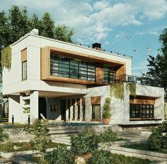 an artist's rendering of a modern house in the middle of trees and bushes