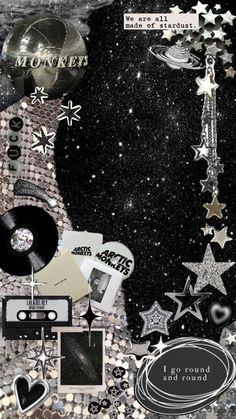 an artistic collage with various items and stars on it, including vinyl records, tape recorder