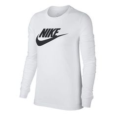 Nike Long Sleeve T-shirt For Spring, Classic Long Sleeve Tops With Logo Print, Classic Logo Print Tops For Spring, Nike Tops With Letter Print For Fall, Basic White Nike Top, White Nike Tops For Spring, Basic White Shirt For Fall, Basic Nike Tops For Fall, Nike Basic Tops For Fall