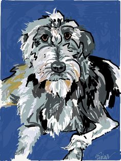 a drawing of a small dog on a blue background