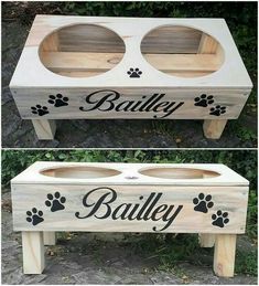 two wooden bowls with paw prints on them and the words bailey written in black ink