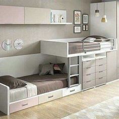 a bedroom with a bunk bed, desk and drawers in the corner next to a window