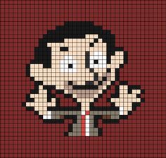 A pixel art template of Mr Bean, the cartoon character with his hands mid-way up each side. Pixel Crochet, Mr Bean, Pola Kristik