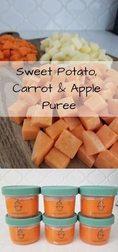 sweet potato, carrot and apple puree in jars with text overlay that says sweet potato, carrot & apple puree