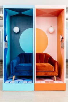 two brightly colored rooms with furniture in them