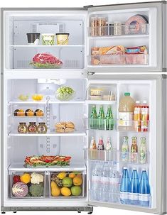 an open refrigerator filled with lots of food and drinks on the inside, including water