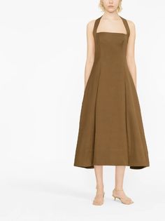 KHAITE Lalita Pleated cotton-blend Midi Dress - Farfetch Midi Dress Brown, Auburn Brown, Brown Midi Dress, Yoko London, Blouse Pants, Belted Jacket, Summer Beach Wear, Pale Yellow, Blouse Dress