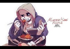 a cartoon character eating spaghetti with chopsticks and fork in his mouth while wearing a hoodie