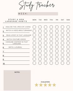 a printable study tracker with five stars on the top and one in the middle