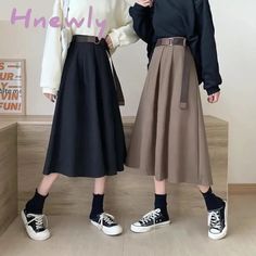 Solid Skirts Women Mid-calf High Waist Friends Korean Style Elegant College Spring Autumn All-match Jupe Mujer Faldas Female Ins [20231115] Casual Belted Skirt For Fall, Casual Fall Skirt With Belt, Casual Fall Skirt With Belt Loops, Casual Belted Skirt For Work, Casual Skirt With Belt For Workwear, Casual Workwear Skirt With Belt, Black Skirt With Belt Loops For Fall, Casual Solid Color Belted Skirt, Casual Brown Belted Skirt