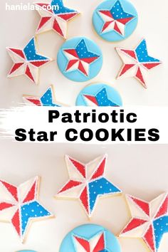 patriotic star cookies with red, white and blue icing on top are shown in the shape of stars