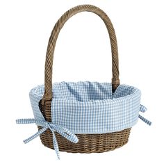 a blue and white checkered basket with bow ties on the handle, sitting against a white background