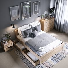 a bedroom with grey walls and white bedding