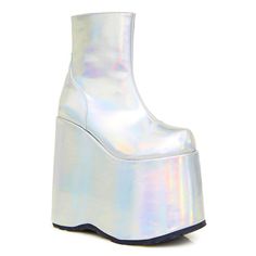 Get Yer Intergalactic Stomp On With These Dope Af Boots Featuring An Ultra Shiny Holographic Construction, Chunky Platforms And Inner Ankle Zipper Closure. 7” Heel, 5” Platform. * Worn Once, Perfect Condition. Still In Box. Let Me Know If You Have Any Questions! Rave Bag, Shoes Demonia, Hunter Ankle Boots, Jungle Boots, Pointed Boots, Demonia Shoes, Rave Accessories, Punk Boots, Slouchy Boots