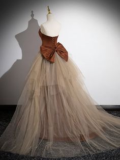 Organza Dresses With Sweep Train For Banquet, Organza Prom Dress With Long Train, Fitted A-line Gown With Tulle Skirt, Organza Dress With Long Train For Prom, Beige Party Dress With Sweep Train, Fitted Organza Dress With Long Train, Tulle Dress With Long Train For Banquet, Tulle Corset Dress For Banquets, Brown Floor-length Wedding Dress