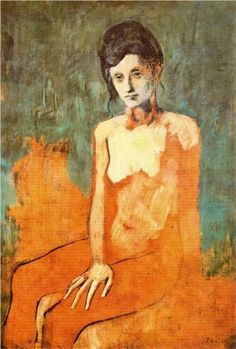 a painting of a woman sitting in an orange chair