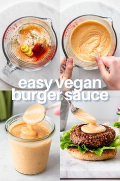 three images with the words easy vegan burgers sauce on them and two pictures showing how to make it