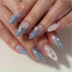 de todos los colores Mint Green Nails, Korean Nail Art, Graduation Nails, Green Nail Designs, Korean Nails, Blue Nail Designs, White Nail Designs, Blue Nail, Stick On Nails