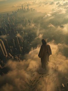 a man standing on top of a cloud covered city