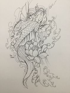 a drawing of a koi fish with water lilies on it's side