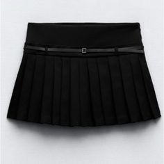 Zara Black Pleated Skirt With Belt Nwt Size Xxl Pleated Black Mini Skirt, Formal Pleated Skirt, Zara Pleated Mini Skirt, Black Pleated Skirt Outfit Summer, Pleated Skirt With Belt, Long Black Skirt, Burberry Skirt, Black Skirts, Zara Skirt