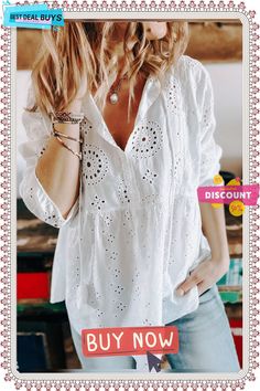 Long Sleeve Cutout Cotton-blend Casual Blouse White Boho Blouse, White Top Women, White Flares, Traditional Indian Outfits, Casual Tops For Women, Blouse White, Women Shirts Blouse, Women's Shirts, Casual Blouse