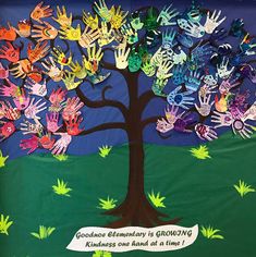 a bulletin board with handprints on it that says goodbye wednesday is growing kindness one hand at a time