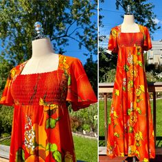 This listing is for a beautiful vintage 70s hot orange halter style maxi dress by Young Hawaii. LOVE this one! This is a pullover style dress that has a ruched elastic upper, an open back with a one button closure at the neck and the  cutest flutter sleeves. It features a long flowy skirt and the prettiest bright Hawaiian flower print throughout - just a truly gorgeous dress!  This vintage dress is in excellent seemingly unworn vintage condition. There may be a couple minor imperfections throughout, but no major flaws to note. Please see photos for details and ask any questions you may have prior to purchasing, as all sales are final. There is no vintage size tag present and I estimate the dress to fit a modern size S/M best, depending on your measurements, but please see measurements belo Vintage Red Maxi Dress For Vacation, Red Vintage Maxi Dress For Vacation, Orange Retro Maxi Dress For Summer, Retro Orange Maxi Dress For Summer, Orange Retro Summer Maxi Dress, Retro Orange Maxi Dress For Beach, Retro Orange Maxi Dress For The Beach, Orange Fitted Hippie Dress, Fitted Orange Hippie Dress