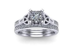 a princess cut diamond engagement ring set with matching wedding bands and an intricate setting on the band