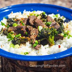 a blue bowl filled with rice and broccoli