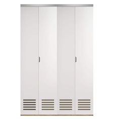 a white closet with three doors and two drawers