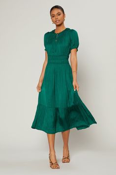 Feminine details and a crinkled texture add to the allure of this round-neck midi dress in a deep emerald shade. It's elegant yet so easy to wear, cut with short-sleeve styling and comfortably cinched at the waist. •On average, customers say it fits true to size •Round neck with button closures •Short sleeves •Elasticized waist •Ruched piecing at hem DIMENSIONS •Standard: 48.25" Length Item number 2090136 100% Polyester dry clean Silk Cami Top, Always A Bridesmaid, Feminine Details, Grad Dresses, Pleated Midi Dress, Green Midi Dress, Style Mistakes, Midi Length Dress, Trending Dresses