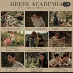 the green academia movie is shown in several different pictures, including two men and one woman