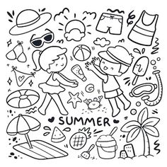 a black and white drawing of children playing in the sun, with words summer on it