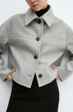 An oversized, boxy silhouette brings trend-savvy appeal to this cropped jacket crafted of densely textured double-face fabric. Front button closure Spread collar Chest welt pockets Lined 93% polyester, 7% viscose Machine wash, line dry Imported Cropped Jacket Outfit, Grey Blazer Outfit, Printed Kimono Jacket, Winter Jacket Outfits, Cropped Trench Coat, Neue Outfits, Tailored Dress, Grey Blazer, Summer Jacket