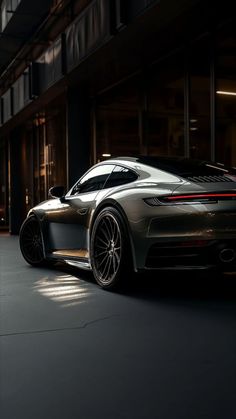 a grey sports car parked in front of a building at night with its lights on