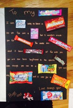 a bulletin board with candy bars on it