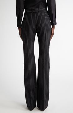 Impeccably tailored in a sleek bootcut from a wool-mohair blend, these pinstriped pants add a polished finish to any look. Zip fly with hook-and-bar closure Front slant pockets; back button-welt pocket 75% wool, 25% mohair Dry clean Made in Italy Designer Clothing Elegant Fitted Pinstripe Pants, Elegant Striped Office Pants, Elegant Fitted Pants With Vertical Stripes, Elegant Striped Pants For Office, Fitted Pinstripe Dress Pants, Elegant Pinstripe Formal Bottoms, Elegant Pinstripe Dress Pants, Elegant Pinstripe Bottoms For Formal Occasions, Elegant Pinstripe Straight Leg Pants