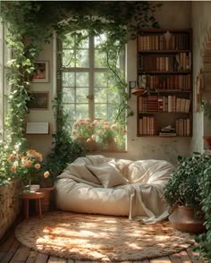 a room with lots of plants and books on the shelves, windows, and a bean bag chair