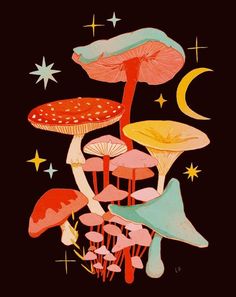 a painting of mushrooms and stars on a black background