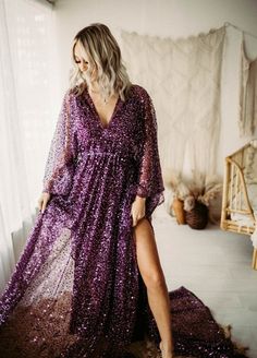 This listing is for a beaded Diamonds Dress or Robe- comes with a medium train, you can make it shorter or longer. This listing is in plum, but it comes in gold, silver, red, black and teal as well. By default it fits 0-16, and tightens at the waist for a perfect fit. It is also set at 5'8 by default. Let me know if you need something different in the notes at checkout. If you need a larger size, it's possible. Very pretty fabric with sequins, beads, and pearls. This is a pre-order and can take Purple Sparkly Dress, Diamonds Dress, Black Glitter Dress, Purple Sequin Dress, Magical Dress, Dress Pearl, Dresses For Weddings, Lace Dress Boho, Purple Bridesmaid Dresses