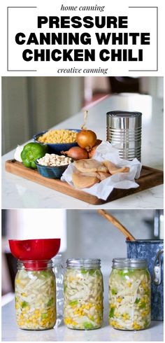 three jars filled with food sitting on top of a counter