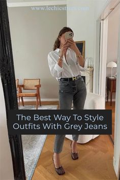 The Best Way To Style Outfits With Grey Jeans. Looking for jeans outfit with grey jeans outfit. Plenty of grey jeans outfits ideas to get you through winter fashion or spring fashion. These grey jeans outfit are perfect for casual style and casual jeans looks. These grey jeans outfit casual are for daytime or even nighttime jeans casual outfit looks. #greyjeansoutfits #greyjeans #jeansoutfit #greyjeansoutfit #jeansoutfitcasual Casual Grey Jeans Outfit, Grey Jeans Spring Outfit, Grey Jeans White Shirt Outfit, Gray Jeans White Shirt Outfit, Grey Jeans Outfits For Women, Plus Size Grey Jeans Outfit, Grey Jeans Summer Outfit, Womens Grey Jeans Outfit, Gray Jeans Outfits Women