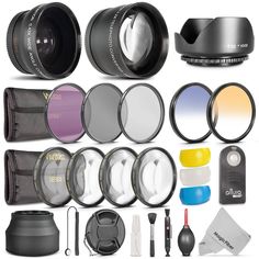 many different types of camera accessories including lenses, filters and cleaning cloths on a white background