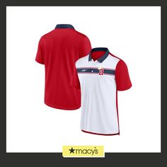 a red and white polo shirt with the name macy's on it