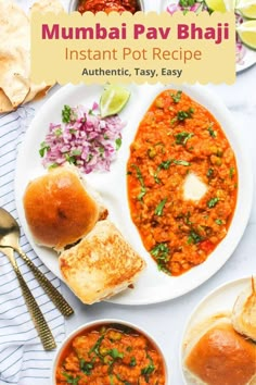 a white plate topped with lots of food next to bread and bowls filled with soup