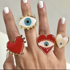 Brand New- Evil Eye Heart Layering Ring Materials- Zinc Alloy And Acrylic Enamel Ring Is Adjustable And Will Open And Close To Secure On Finger. Ring Will Take Any Look From Simple To Striking From A Pet And Smoke Free Home!! Evil Eye Ring Gold, Red Love Heart, Ring Sling, Evil Eye Ring, Punk Jewelry, Party Rings, Eye Ring, Rings Cool, Cute Rings